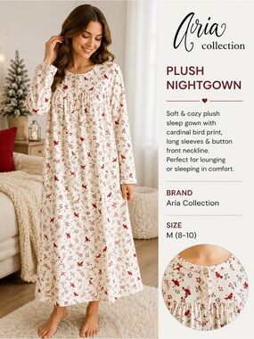 Aria Collection Cardinal Plush Nightgown M Ivory Cozy Bird Sleep Gown